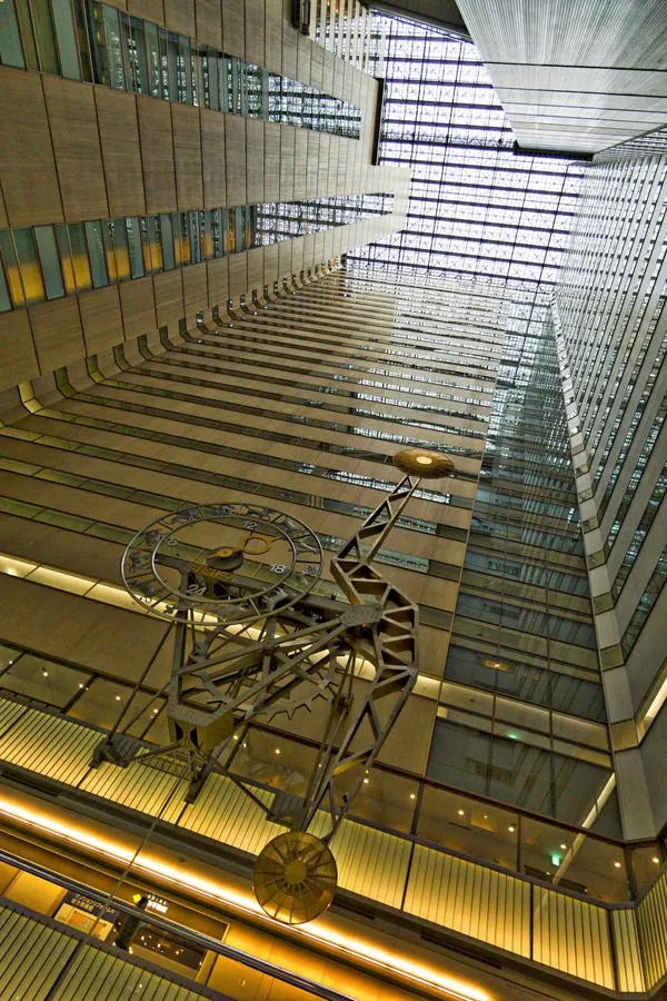 Clock and atrium in Shinjukue NS Building